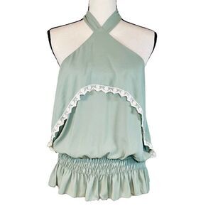 Wren & Willa Halter Top Smocked Open Back Blouse Cottagecore Feminine Coquette